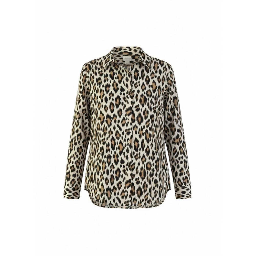 Chico’s Leopard Print No Iron Blouse Sz 1 (M) Cotton Button Up